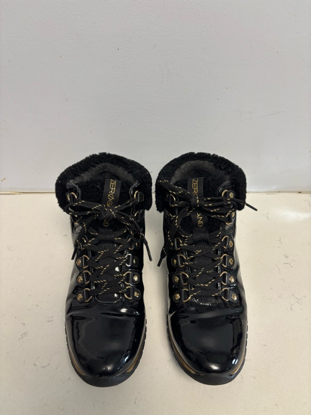 Cole haan zero guard Weatherproof Black Patent Lace-Up Fur Collar Boots